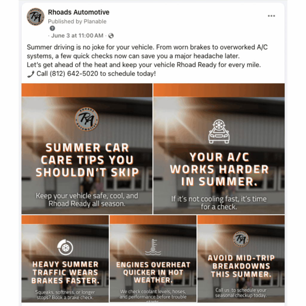 Summer maintenance tips for vehicle care including brake wear, A/C performance, engine overheating, and breakdown prevention, displayed in a branded orange-themed graphic.