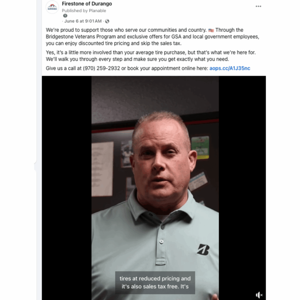 A man in a Bridgestone shirt explaining Firestone’s Veterans Program in a video, with captions about discounted, tax-free tire pricing.