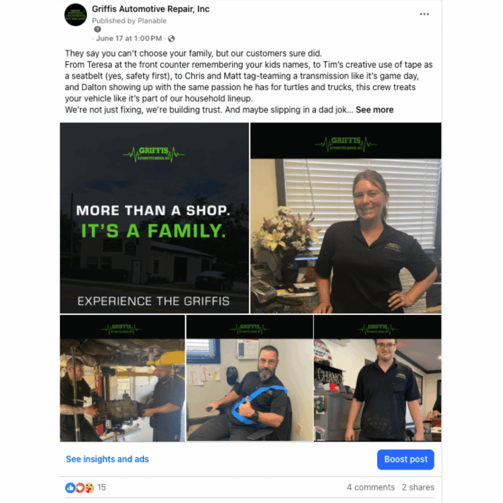 Social media collage highlighting Griffis Automotive staff with the message "More Than a Shop. It’s a Family" and photos of team members at work.