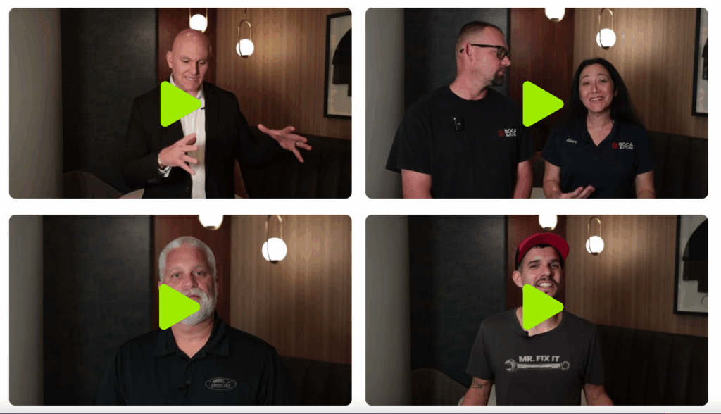 Image of video testimonials from satisfied customers and team members.