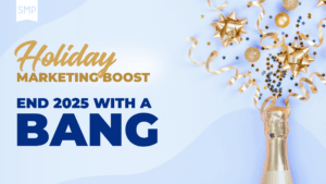 Auto repair shop marketing by Shop Marketing Pros. Holiday Marketing Boost graphic by SMP. Image with gold confetti, ribbons, and a champagne bottle popping alongside the text “End 2025 With a Bang,” promoting year-end marketing success.