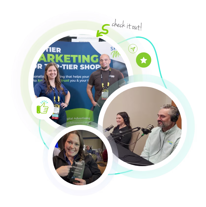 photos of the smp team at events, podcasting, and with awards with icons around them