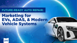 Future-Ready Auto Repair: Marketing for EVs, ADAS, & Modern Vehicle Systems by Shop Marketing Pros. Image features a white electric vehicle plugged into a charger with futuristic blue digital elements symbolizing innovation in auto repair marketing.