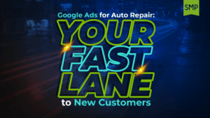 Image of a car speeding down a road at night with motion blur, emphasizing the theme of speed and efficiency. The text on the image reads 'Google Ads for Auto Repair: YOUR FAST LANE to New Customers,' highlighting the benefits of using Google Ads for auto repair businesses to attract more customers.