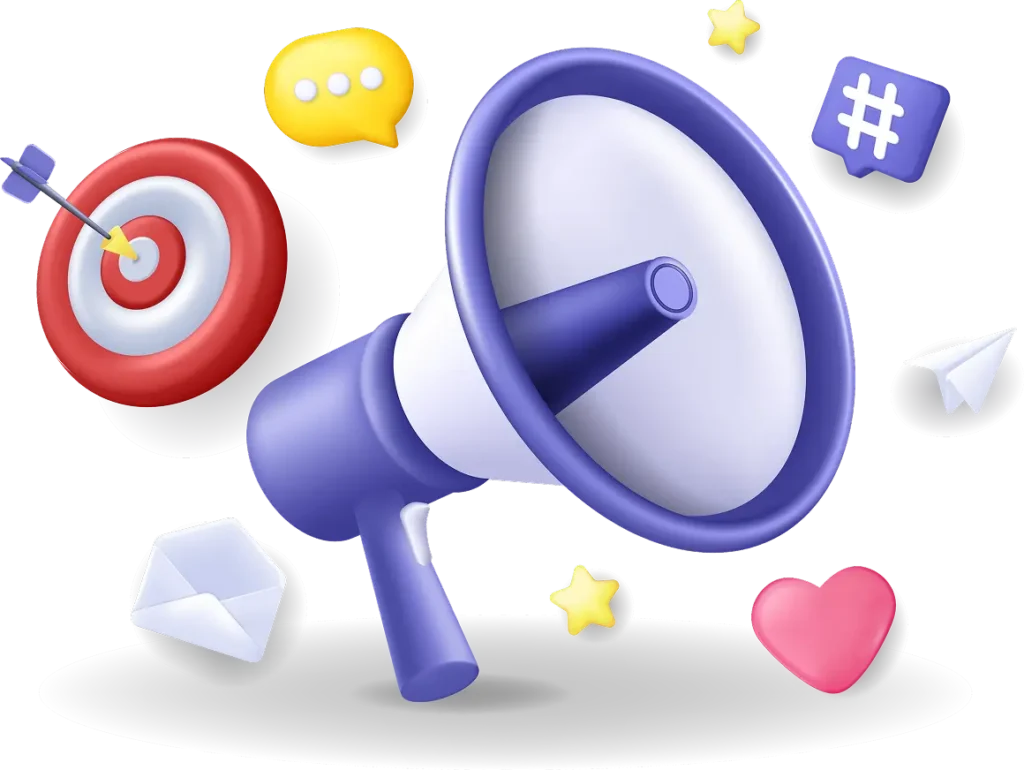 Programmatic advertising by Shop Marketing Pros. Image of a 3D megaphone with notification, hashtag, message, and target icons.