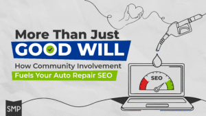 Auto repair SEO by Shop Marketing Pros. Image of a laptop with an SEO performance gauge, fuel pump graphic, and heart symbol representing how community engagement and goodwill help drive stronger search visibility and online growth for auto repair shops.