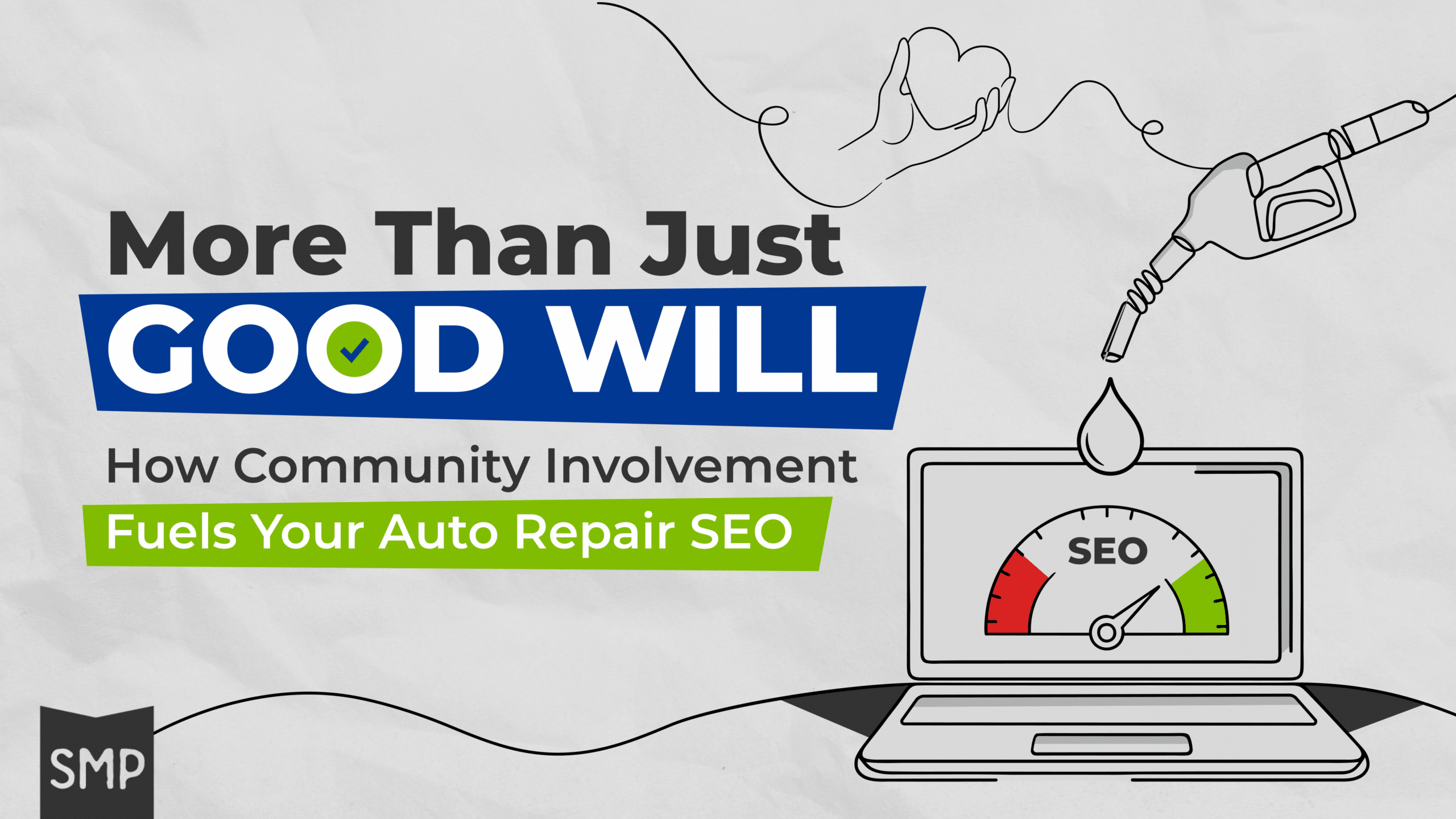 Auto repair SEO by Shop Marketing Pros. Image of a laptop with an SEO performance gauge, fuel pump graphic, and heart symbol representing how community engagement and goodwill help drive stronger search visibility and online growth for auto repair shops.