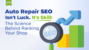 Auto repair SEO services for shop growth by Shop Marketing Pros. Image of upward ranking graph and magnifying glass, highlighting strategic optimization, increased visibility, and data-driven results to help auto repair shops attract more customers online.