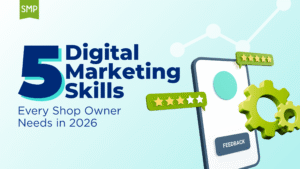 Digital marketing skills for auto repair shop success in 2026 by Shop Marketing Pros. Image of mobile feedback screen, star ratings, and gears representing online reputation, customer engagement, and optimized marketing strategies for shop growth.