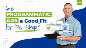 Programmatic ads by Shop Marketing Pros. Image of a man owner using a tablet with digital ad icons, highlighting data-driven marketing, targeted campaigns, and measurable growth for local auto repair businesses.