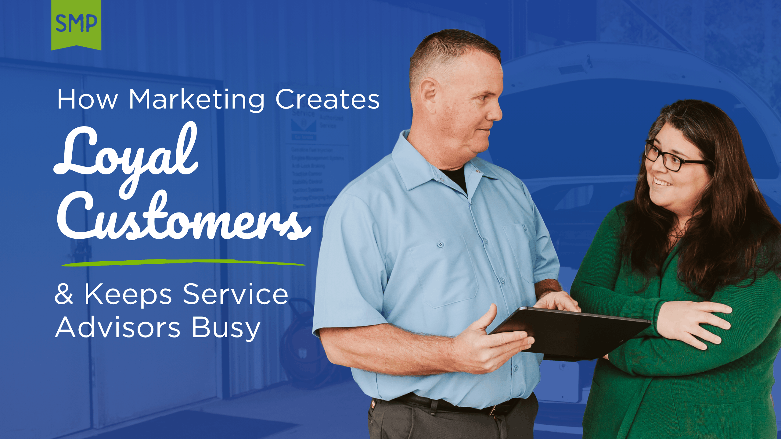 Customer Loyalty Marketing for Auto Repair Shops by Shop Marketing Pros. Image of a service advisor reviewing information with a customer, representing marketing strategies that build customer loyalty, improve retention, strengthen relationships, and keep service advisors busy with repeat business.