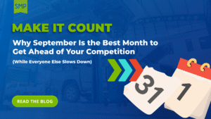 Auto repair shop marketing by Shop Marketing Pros. Graphic promoting a September strategy blog about getting ahead of competitors while other shops slow down.