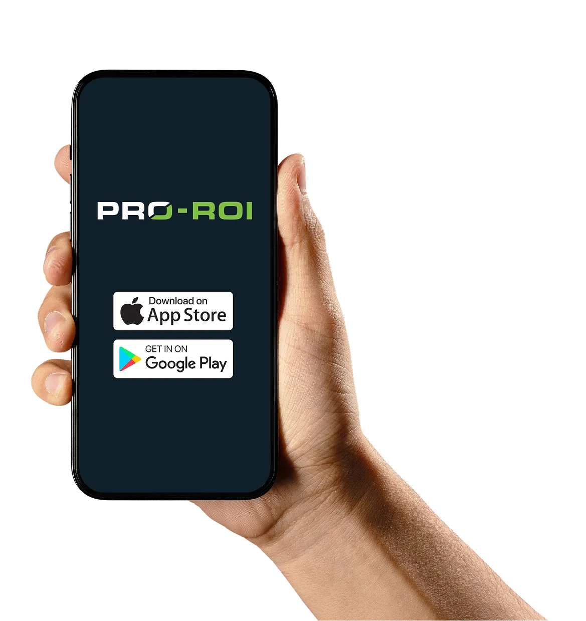 Hand holding smartphone showing PRO‑ROI app with App Store and Google Play download buttons.
